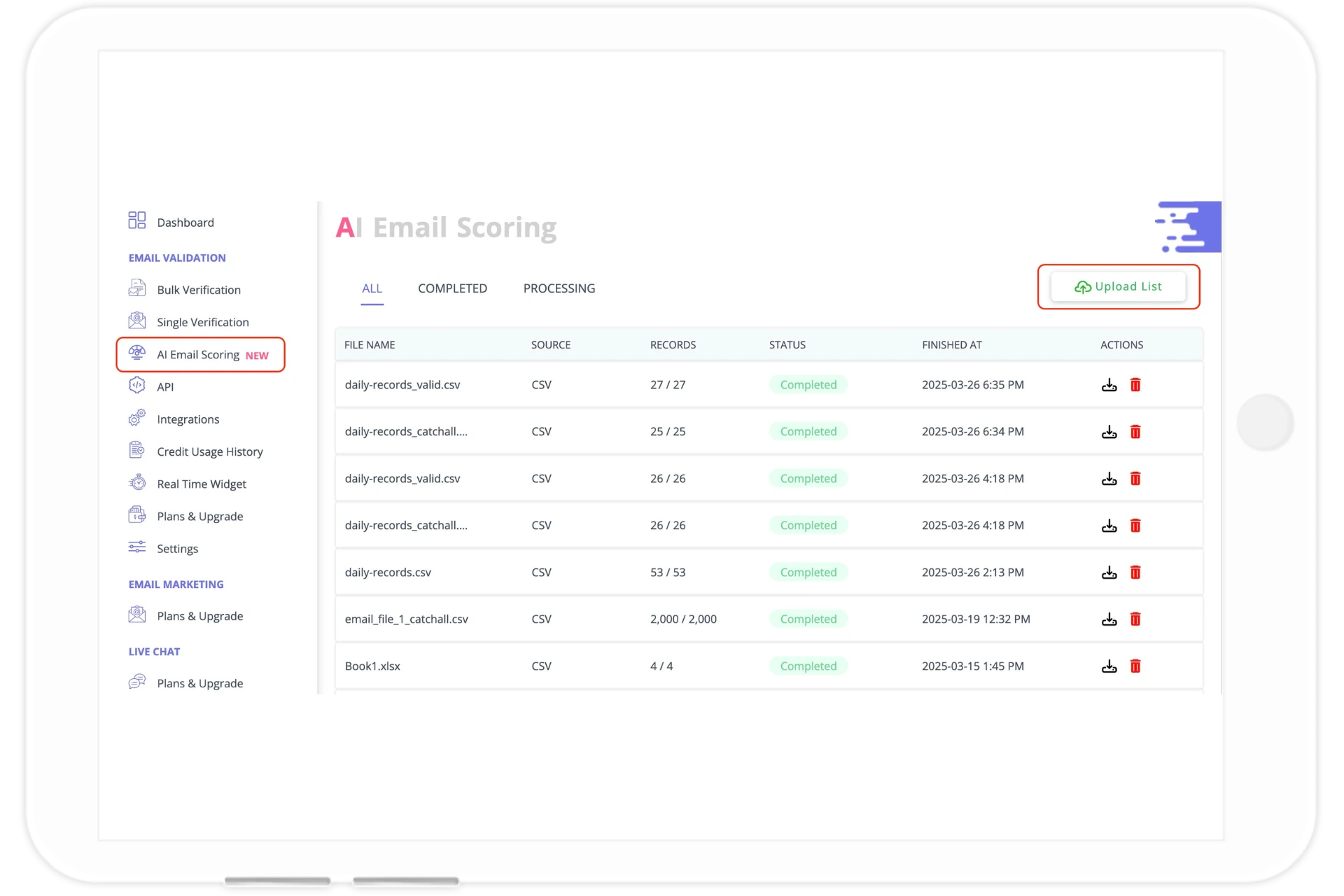AI email scoring bulk verification option